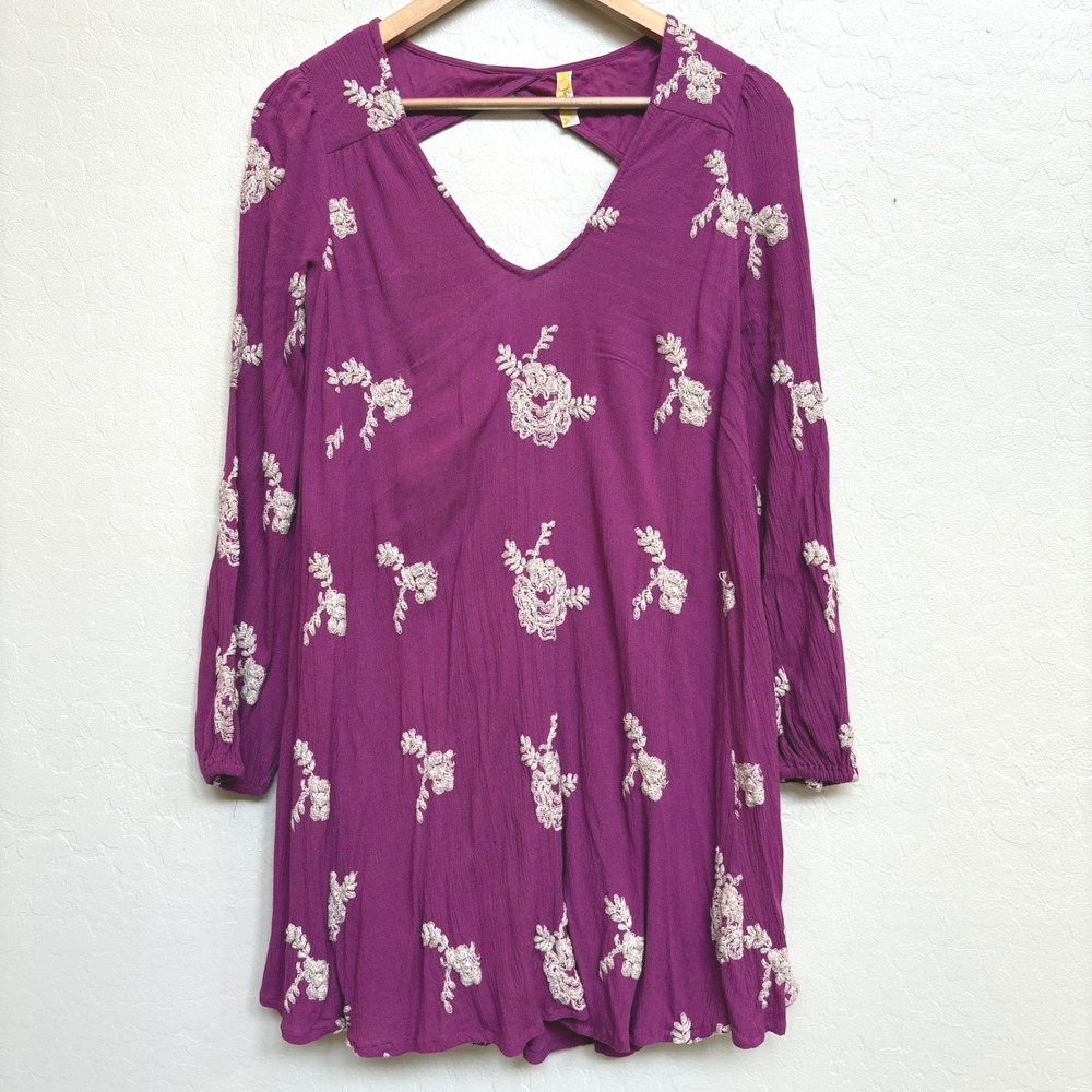 Free People Embroidered Mini Dress V Neck‎ Cutout Back Long Sleeve Pockets XS